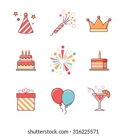 Birthday icons thin line set. Celebration event, cake and fireworks. Flat style color vector symbols isolated on white.