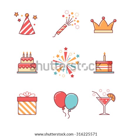 Birthday icons thin line set. Celebration event, cake and fireworks. Flat style color vector symbols isolated on white.