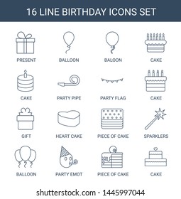 birthday icons. Trendy 16 birthday icons. Contain icons such as present, balloon, baloon, cake, party pipe, party flag, gift, heart cake, piece of cake. birthday icon for web and mobile.