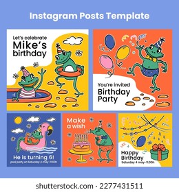 BIRTHDAY IG POST FROGS Cheerful Amphibians With Cake And Gift Invites Friends To A Party Cartoon In Flat Style And Your Text Square Templates For Social Media