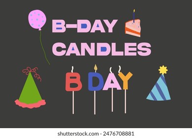 Ilustración de cumpleaños. Velas de cumpleaños dibujadas a mano, torta de cumpleaños, bolas inflables y sombreros para la fiesta. Iconos de celebración. Un conjunto de artículos diferentes para celebrar un cumpleaños