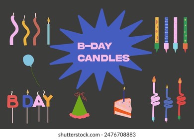 Ilustración de cumpleaños. Velas de cumpleaños dibujadas a mano, torta de cumpleaños, bolas inflables y sombreros para la fiesta. Iconos de celebración. Un conjunto de artículos diferentes para celebrar un cumpleaños