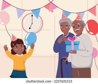Birthday illustration with a girl and black grandparents giving her a gift box.