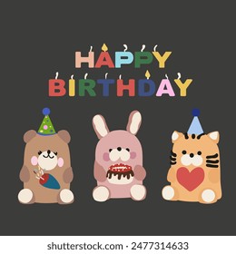 Birthday illustration. Hand drawn vector Birthday card with candles and cute cartoon toys. Vector festive teddy bear, cat and bunny. Birthday animals