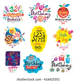 Birthday illustration and logo. Symbol and design element for birthday: figurines, flowers, gifts. Happy holidays and congratulations handmade.