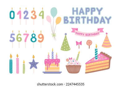 Birthday illustration set. Burning Birthday Candles. decorating birthday cake. happy birthday Card. Vector illustration