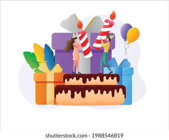Birthday illustration theme with people happy celebration, balloon, cake, candles, and gifts. Suitable for posters, greeting cards and etc