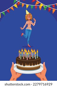 Birthday illustration, in which there are colored little flags, a smiling girl and a chocolate cake with lit candles, in cartoon style