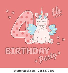 Birthday invitation for 4 year. Happy Fourth birthday. Magical baby unicorn horse greeting card. Vector illustration