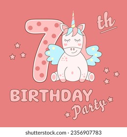 Birthday invitation for 7 year. Happy seventh birthday. Magical baby unicorn horse greeting card. Vector illustration