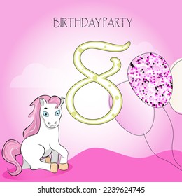 Birthday invitation (8 years old) with a white blue-eyed pony, balloons and the number 8 on a pink gradient background. Vector illustration