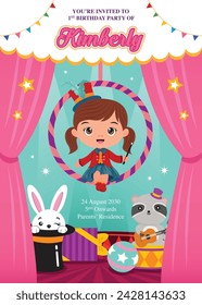 Birthday invitation with acrobat girl sitting on the hoop and circus animals