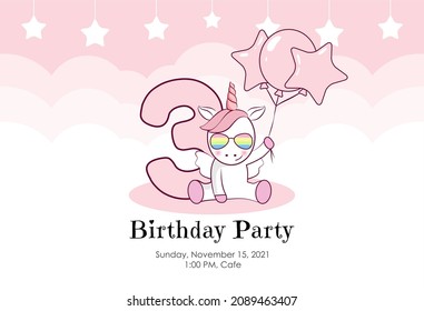 Birthday invitation for baby girl with cute unicorn, balloons and clouds in pink colors. Ready to use and editable template. An invitation for children and adults. Third year of birth. 