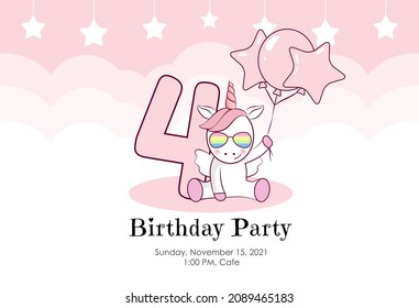 Invitación de cumpleaños para una niña con unicornio lindo, globos y nubes de colores rosados. Listo para usar y editar la plantilla. Una invitación para niños y adultos. Cuarto año de nacimiento. 