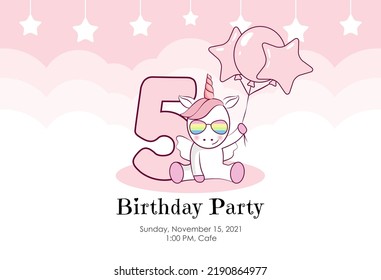 Birthday invitation for baby girl with cute unicorn, balloons and clouds in pink colors. Ready to use and editable template. An invitation for children and adults. Fifth year of birth. 