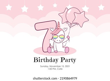 Birthday invitation for baby girl with cute unicorn, balloons and clouds in pink colors. Ready to use and editable template. An invitation for children and adults. Seventh year of birth. 