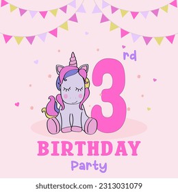 Birthday invitation for baby girl with cute unicorn, Birthday invitation. Third year of birth