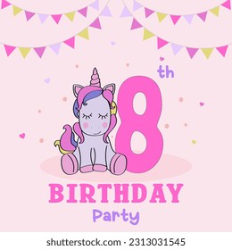 Birthday invitation for baby girl with cute unicorn, Birthday invitation. Eighth year of birth