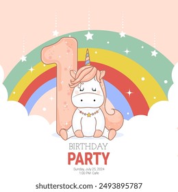 Birthday invitation with baby unicorn.Vector illustration.