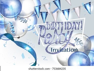 BIRTHDAY INVITATION BANNER WITH BLUE DECO ELEMENTS AND PARTY OBJECTS. VECTOR ILLUSTRATION