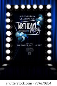 Birthday INVITATION BANNER WITH THEATER CURTAINS AND VINTAGE LIGHT FRAME AND AIR BALLOONS. VECTOR ILLUSTRATION