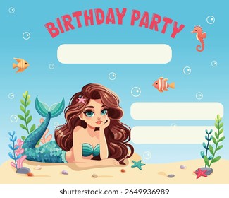 Birthday invitation with beautiful mermaid with lies on the sand with sea plants and fish on blue background. Vector illustration in flat cartoon style