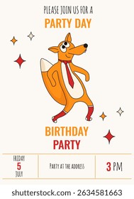 Convite de aniversário. Design de modelo de capa de cartão de convite de nascimento com raposa vermelha engraçada. Folheto de aniversário. Ilustração de vetor feriado engraçado para mídias sociais, impressão de cartão postal.