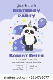 Birthday invitation for a boy 2 years old. Baby shower poster with cute panda party cap and balloon on pastel background for birthday greeting card, social media, wallpaper and website. Vector.