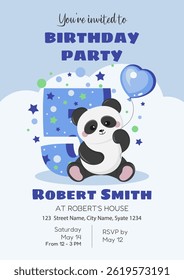 Birthday invitation for a boy 5 years old. Baby shower poster with cute panda with a balloon on pastel background for birthday greeting card, social media, wallpaper and website. Vector illustration.