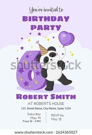Birthday invitation for a boy 6 years old. Illustration with cute panda in a party cap and decorative number 6. For banner, kids party, invitation, birthday greeting card, social media and website. 
