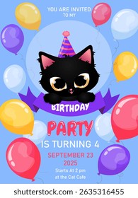 birthday invitation. bright invitation with cat and balloons. black cat. birthday party.