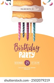 Birthday invitation with cake and candles. Handwritten lettering. Birthday party, celebration, congratulations, invitation concept. Vector illustration. Postcard, card, cover.
