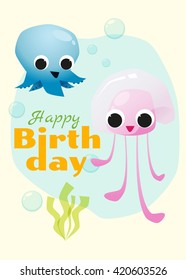 Birthday and invitation card animal background with octopus and jellyfish,vector,illustration