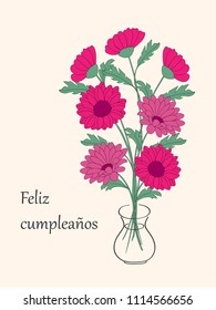 Birthday or invitation card with bouquet of dahlias in the vase and spanish language text Feliz Cumpleaños. Print for festive dishes, gift packing and decorate party events. eps 10.
