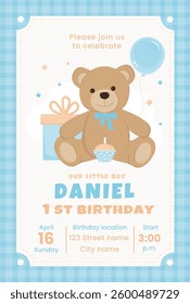 Birthday invitation card for boy. Cute teddy bear with cake, gift box and balloon. Birthday celebration.  Card with teddy bear. Template for bithday party invitation. Vector illustration.
