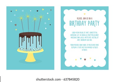 Birthday invitation card with cake and sparklers. Vector. Place for your text