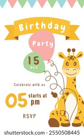 Birthday invitation card with cheerful jolly, kind giraffe and balloons. Childrens birthday party invitation template. Vector illustration on colored background. Vector illustration