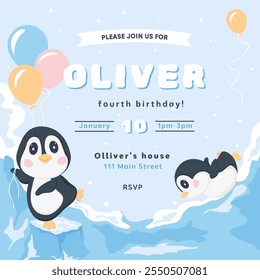 Birthday invitation card with cheerful penguins and balloons. Childrens birthday invitation template. Vector illustration on colored background. Vector illustration