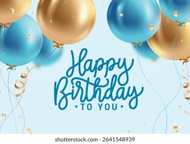 Birthday invitation card clipart design. Happy birthday greeting text clip art with gold and blue balloons floating elements decoration for occasion background vector illustration. 
