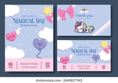 Birthday invitation card clipart poster set. Birthday magical invitation card and thank you tag clip art collection with cloud, cute heart in purple background banner design vector illustration.
