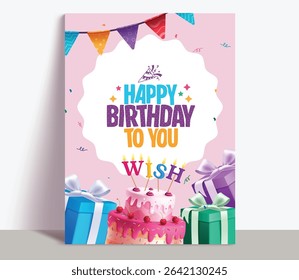 Birthday invitation card clipart poster. Happy birthday greeting text clip art template with cake, gift boxes and wish candle toppings decoration elements for invitation card design vector 