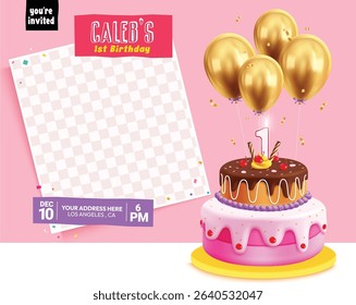 Birthday invitation card clipart template. First birthday invitation card clip art with editable frame space, balloons and yummy delicious cake party elements in pink background vector illustration.  