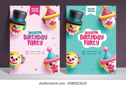 Tarjeta de invitación de cumpleaños payaso Vector conjunto de diseño. Elementos de globos de payaso para los niños cartel de tarjeta de invitación de fiesta de cumpleaños para niños diseño. Plantilla de saludo de fiesta de Ilustración vectorial. 
