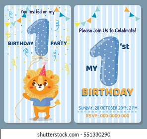 Birthday invitation card with cute animal. Birthday party. Lion