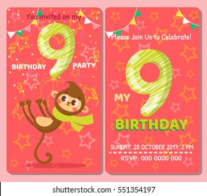 Birthday invitation card with cute animal. Birthday party. Monkey