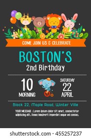 Birthday invitation card with cute animals and spring flowers on black background set one