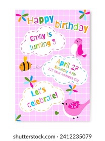 Birthday invitation card with cute cartoon animals. Vector illustration