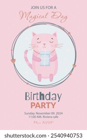 Birthday invitation card with `cute cat.