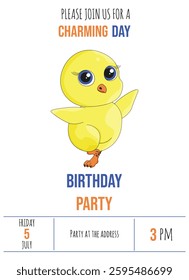 Birthday invitation card with cute flat Chicken isolated white background. B-Day invite poster template with typography and unique charming bird. Childish vector illustration. Editable stroke. EPS 10