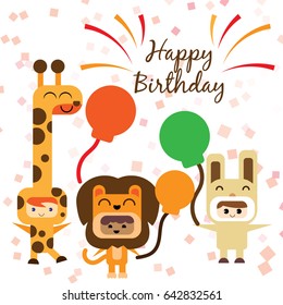 Birthday invitation card with cute flat animal designs with confetti and balloons. Disguise of animals like giraffe, rabbit and lion.